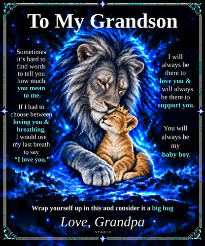Flat design preview: To My Grandson lion blanket, Honey Gold Cub, with the Love, Grandpa message.