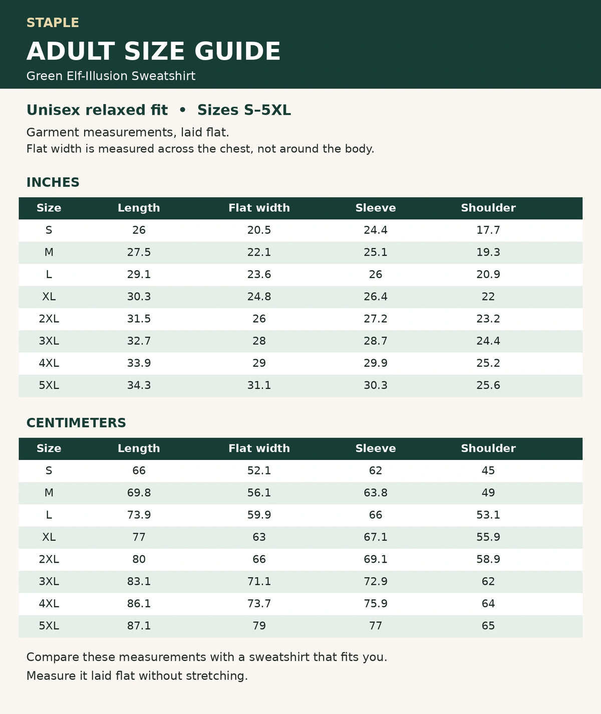 Green elf-illusion sweatshirt adult garment size chart, S to 5XL, inches and centimeters; flat chest width is not circumference