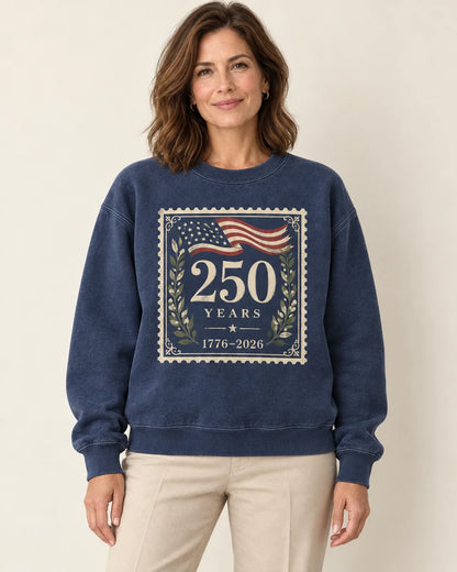 Heritage 250 — 1776–2026 Commemorative Crewneck Sweatshirt — model wearing design mockup