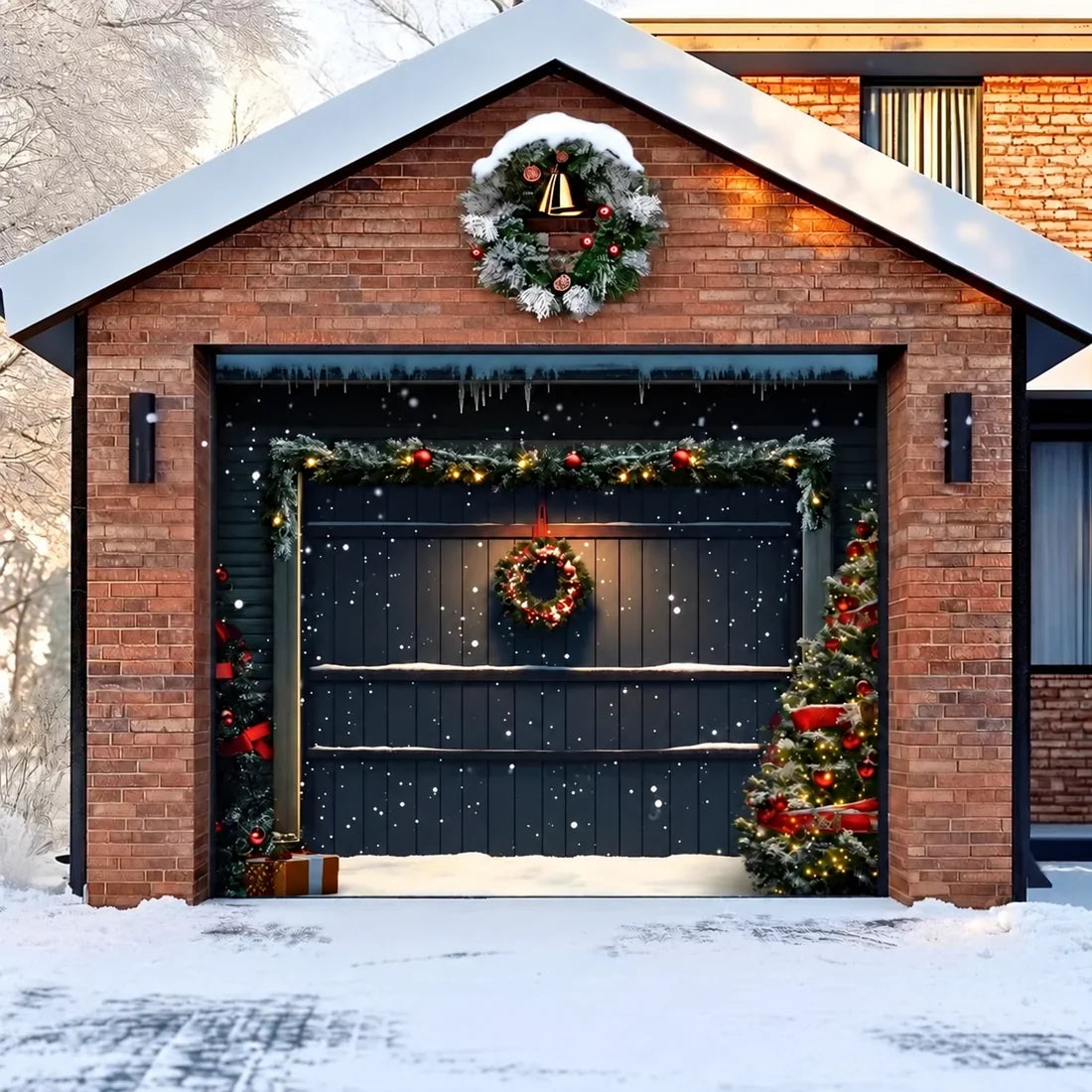 Illustrative Holiday Door Christmas garage door cover showing a dark paneled door with a Christmas wreath, single-door view.