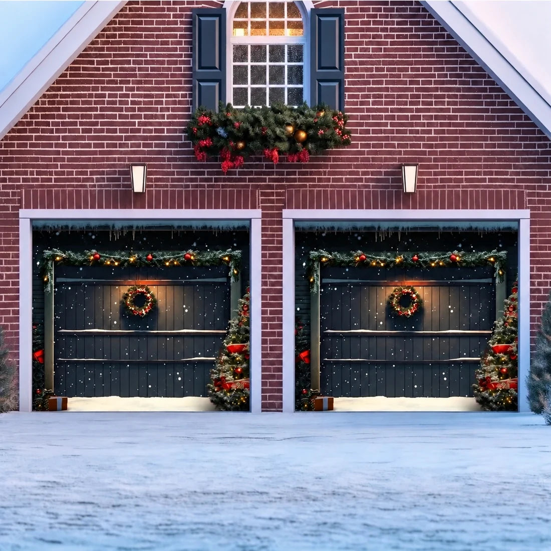 Illustrative Holiday Door Christmas garage door cover showing a dark paneled door with a Christmas wreath, artwork detail.