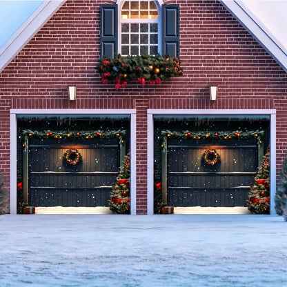 Illustrative Holiday Door Christmas garage door cover showing a dark paneled door with a Christmas wreath, artwork detail.