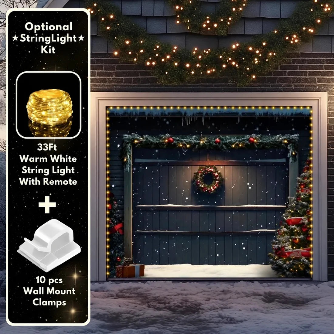 Illustrative Holiday Door Christmas garage door cover showing a dark paneled door with a Christmas wreath, single-door view with optional string lights.