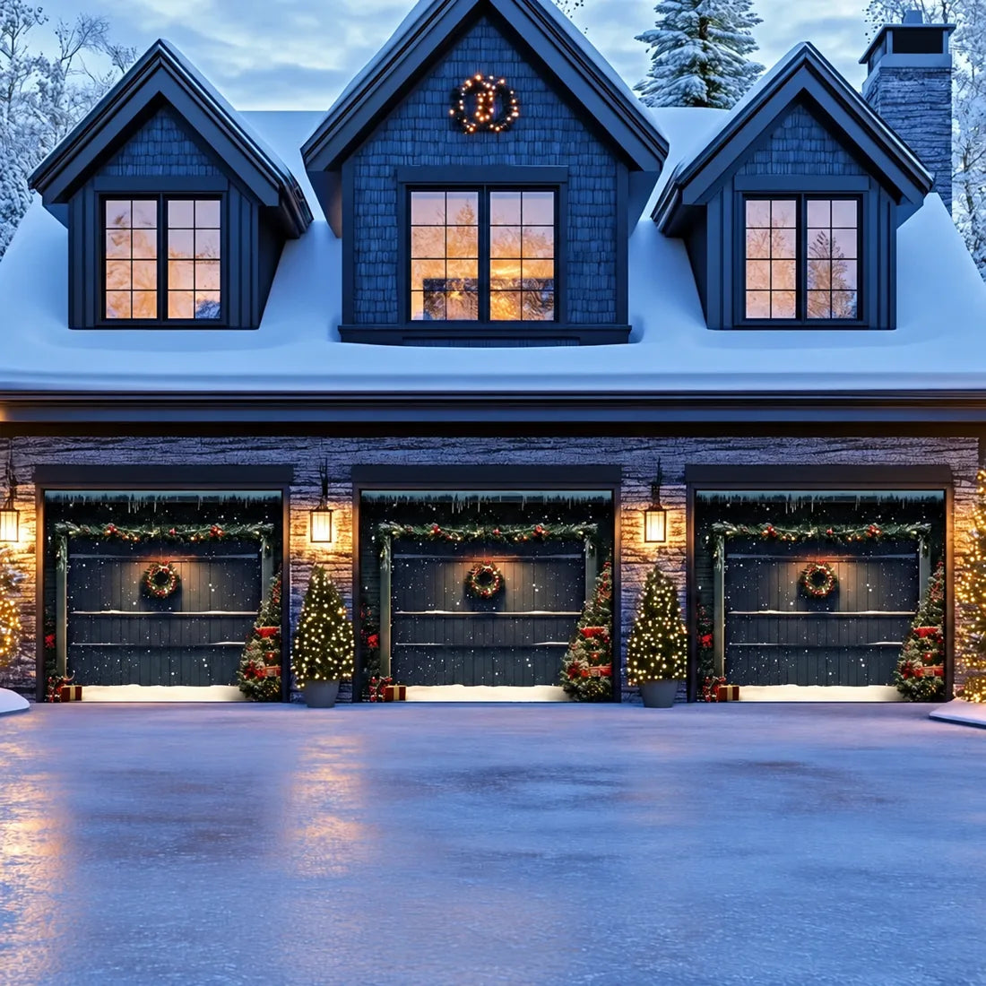Illustrative Holiday Door Christmas garage door cover showing a dark paneled door with a Christmas wreath, artwork detail.