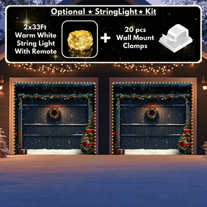 Illustrative Holiday Door Christmas garage door cover showing a dark paneled door with a Christmas wreath, two-door layout with optional string lights.