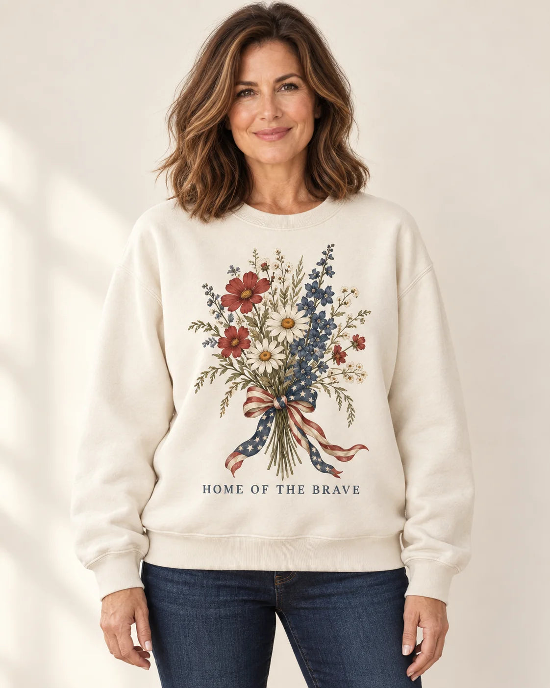 Home of the Brave Floral Crewneck Sweatshirt — model wearing design mockup