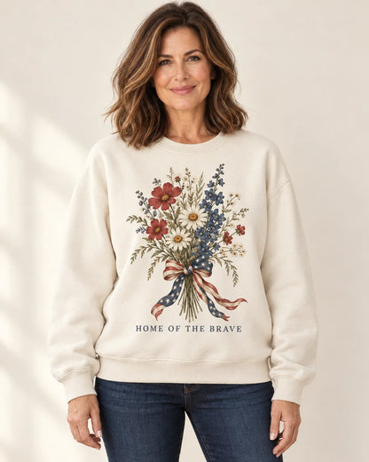 Home of the Brave Floral Crewneck Sweatshirt — model wearing design mockup
