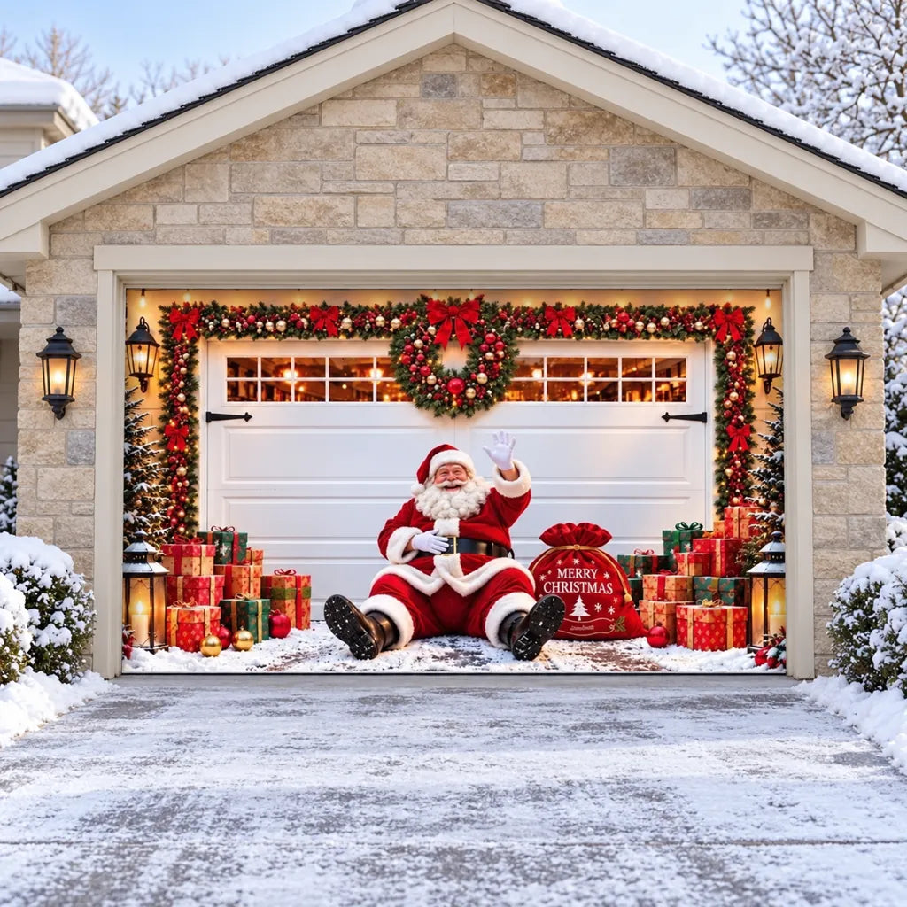 Illustrative Jolly Stopover 1-5 door garage cover with Santa and gifts, without optional perimeter string lights.
