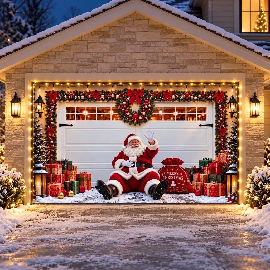 Illustrative Jolly Stopover 1-5 door garage cover with Santa and gifts, with optional perimeter string lights.