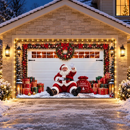 Illustrative Jolly Stopover 1-5 door garage cover with Santa and gifts, with optional perimeter string lights.