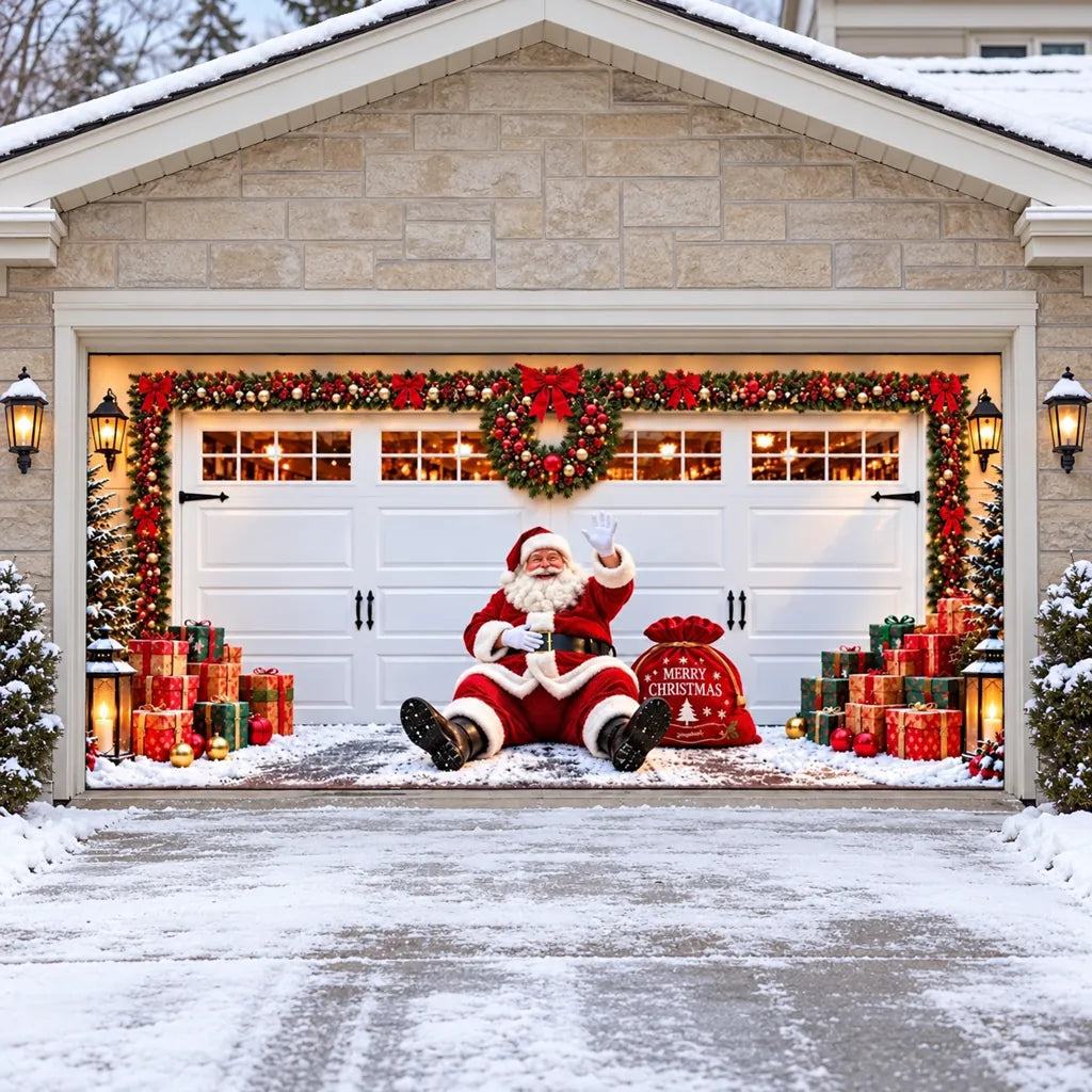 Illustrative Jolly Stopover double door garage cover with Santa and gifts, without optional perimeter string lights.