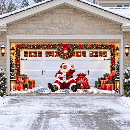 Illustrative Jolly Stopover double door garage cover with Santa and gifts, without optional perimeter string lights.