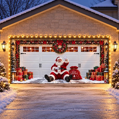 Illustrative Jolly Stopover double door garage cover with Santa and gifts, with optional perimeter string lights.