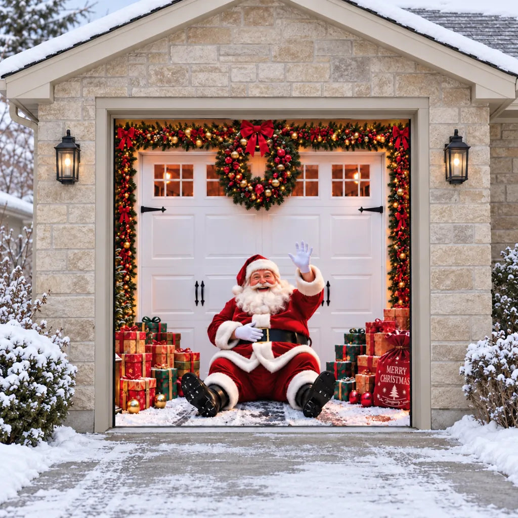 Illustrative Jolly Stopover golf door garage cover with Santa and gifts, without optional perimeter string lights.
