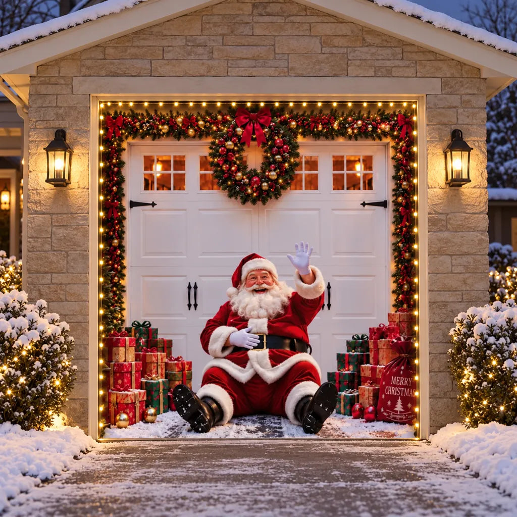 Illustrative Jolly Stopover golf door garage cover with Santa and gifts, with optional perimeter string lights.
