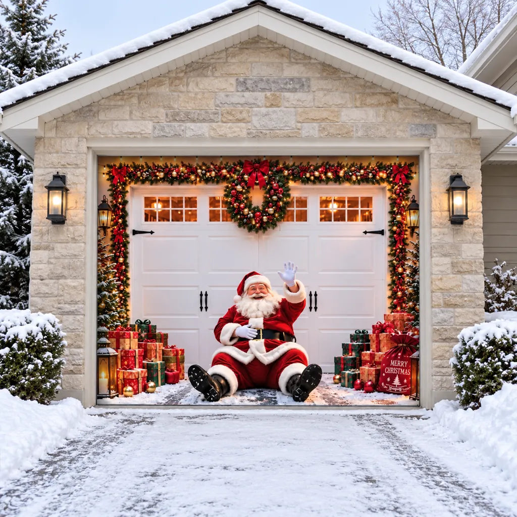 Illustrative Jolly Stopover single-door garage cover with Santa and gifts, without optional perimeter string lights.