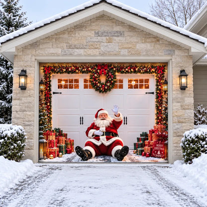 Illustrative Jolly Stopover single-door garage cover with Santa and gifts, without optional perimeter string lights.