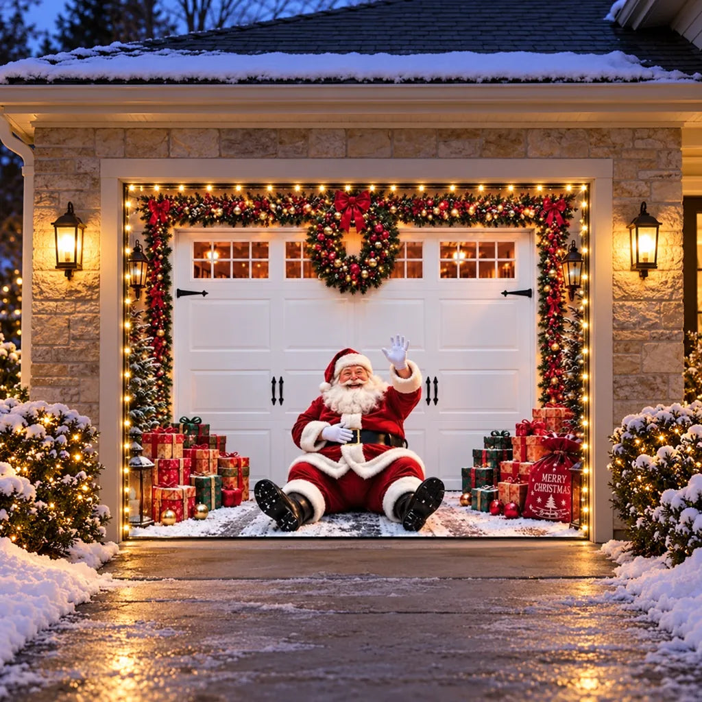 Illustrative Jolly Stopover single door garage cover with Santa and gifts, with optional perimeter string lights.