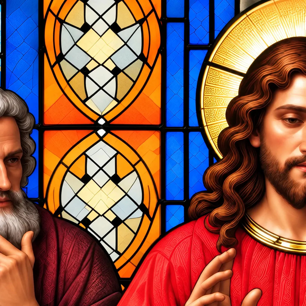Illustrative close-up of the Last Supper garage cover's stained-glass artwork.
