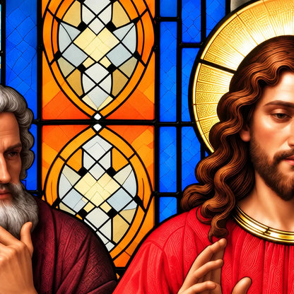 Illustrative close-up of the Last Supper garage cover's stained-glass artwork.