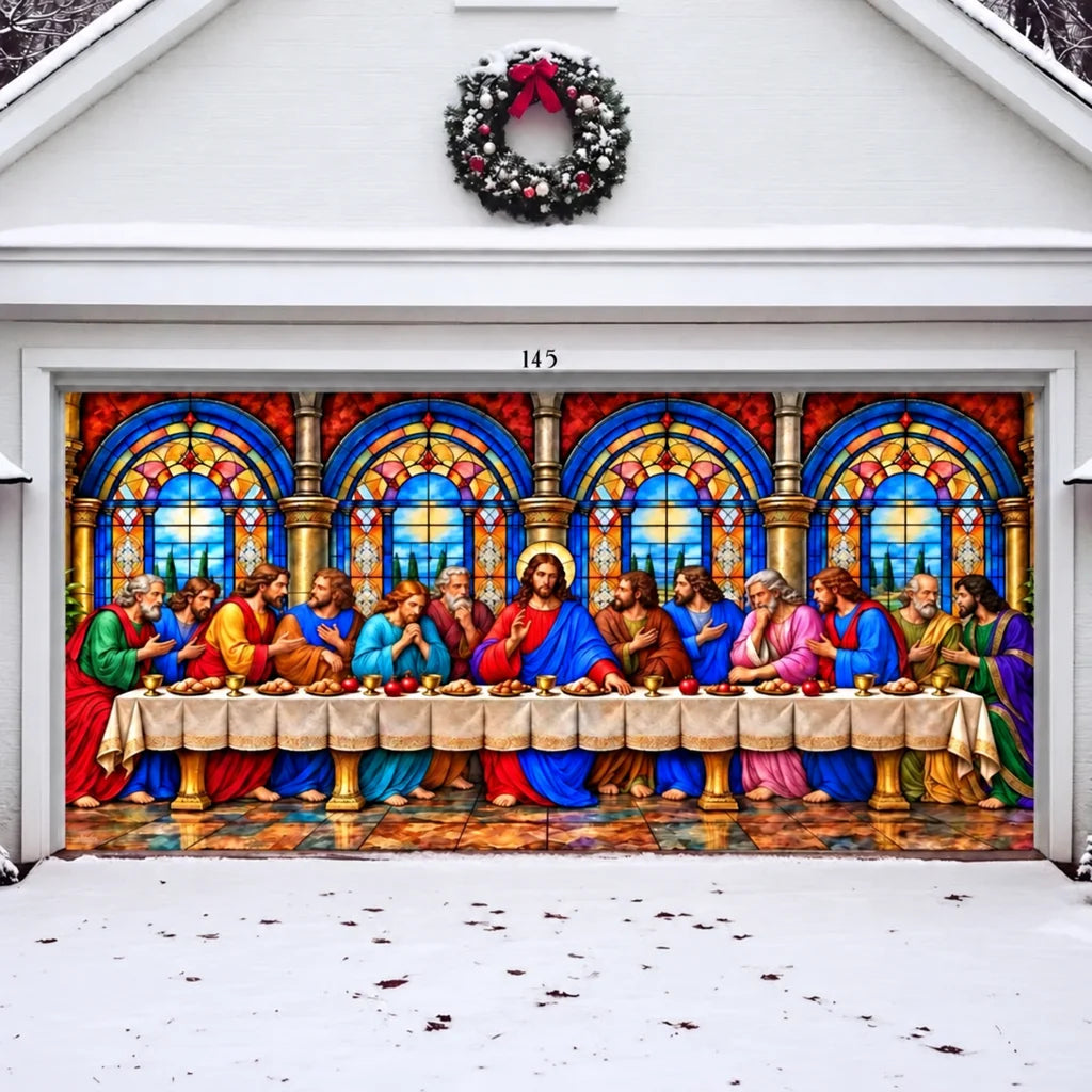 Illustrative Last Supper double-door cover without optional perimeter string lights.