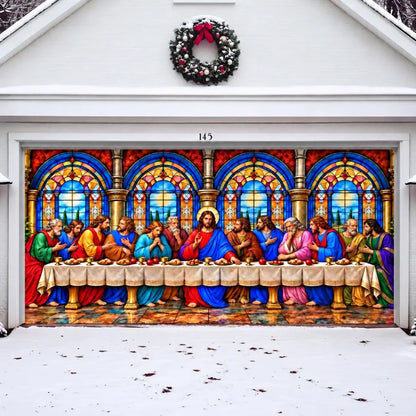 Illustrative Last Supper double-door cover without optional perimeter string lights.