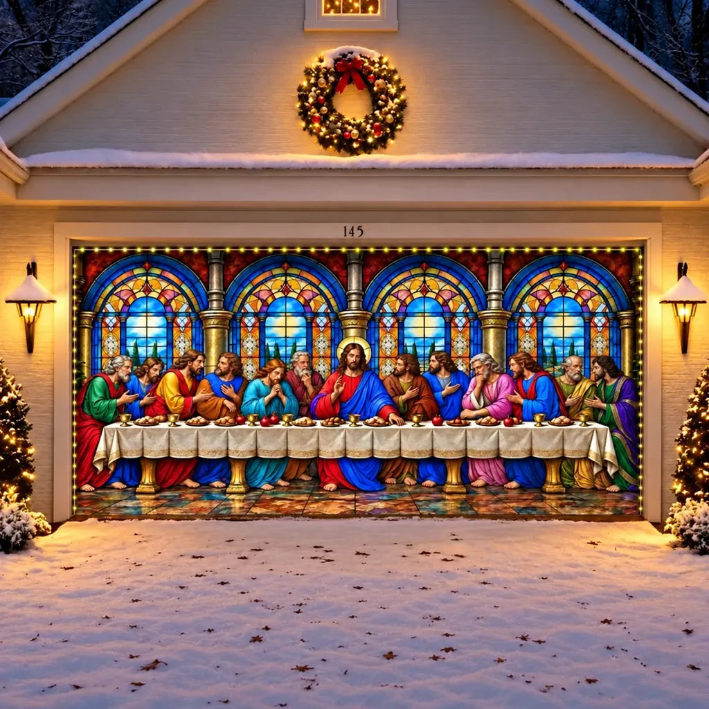 Illustrative Last Supper double-door cover with optional perimeter string lights.