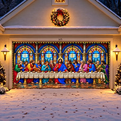 Illustrative Last Supper double-door cover with optional perimeter string lights.