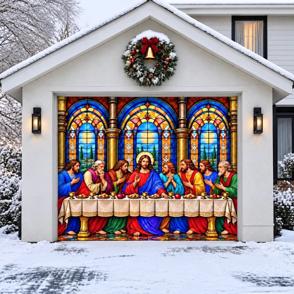 Illustrative Last Supper single-door cover without optional perimeter string lights.