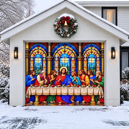 Illustrative Last Supper single-door cover without optional perimeter string lights.