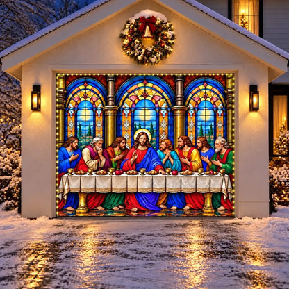 Illustrative Last Supper single-door cover with optional perimeter string lights.