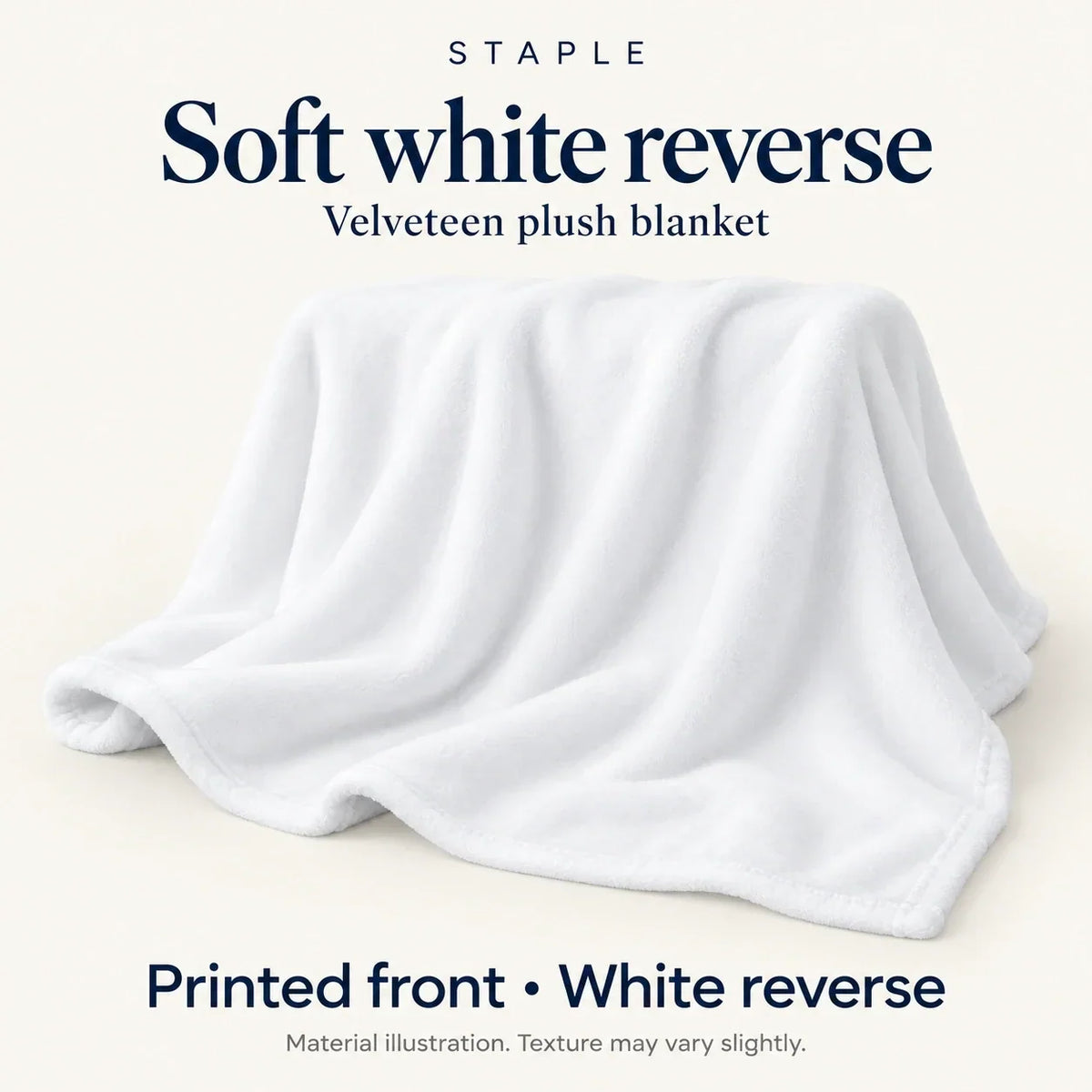 Material illustration for proposed velveteen plush blanket: unprinted white reverse and stitched edge; texture may vary.