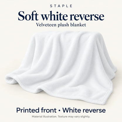 Material illustration for proposed velveteen plush blanket: unprinted white reverse and stitched edge; texture may vary.