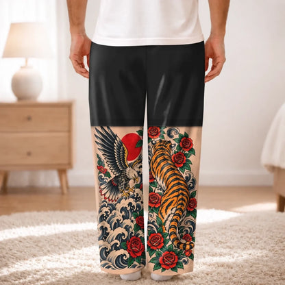 Back of black tattoo-leg illusion pajama pants worn by an adult