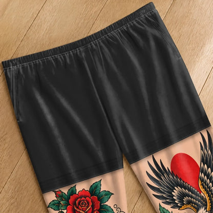 Close-up of elastic waistband and printed shorts illusion