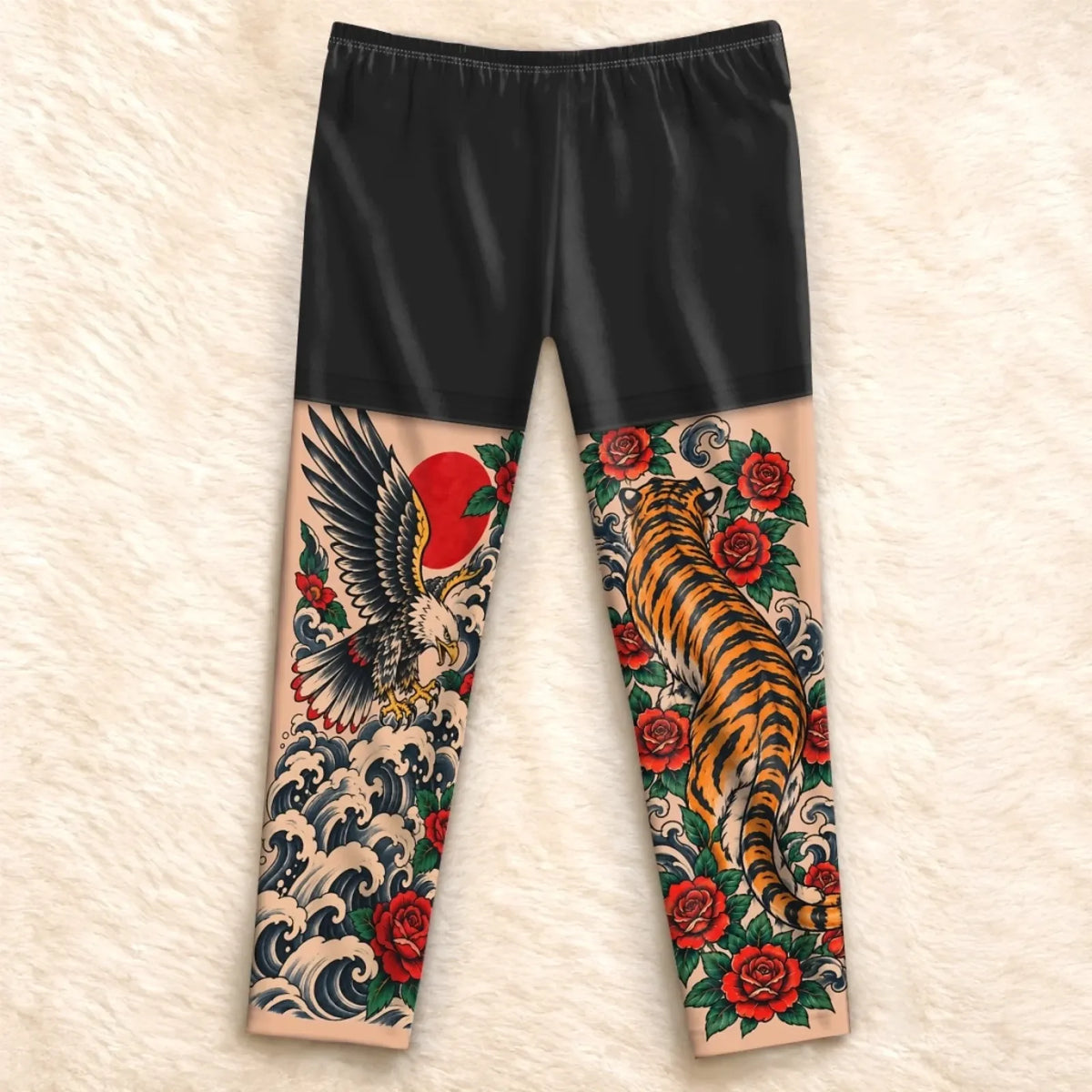 Flat back view of tiger, eagle and wave-print pajama pants