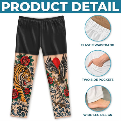 Pajama pants detail guide showing waistband, side pockets and wide-leg shape