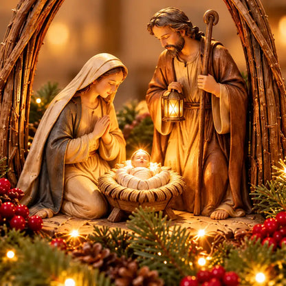 Illustrative product view: Close-up of the wreath's Holy Family figures beneath the twig arch, with evergreen branches, red berries and warm decorative lights.