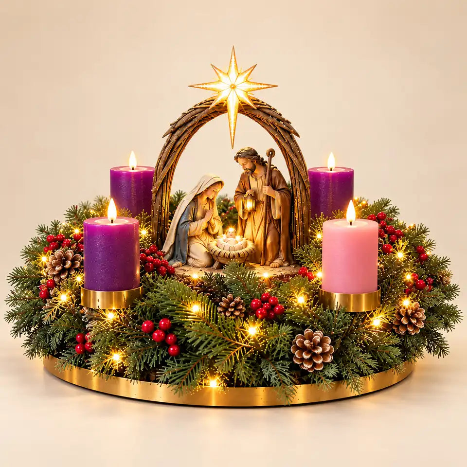 Illustrative studio view: Nativity wreath on an ivory studio background, with the Holy Family, a Bethlehem star, three purple candles and one pink candle.