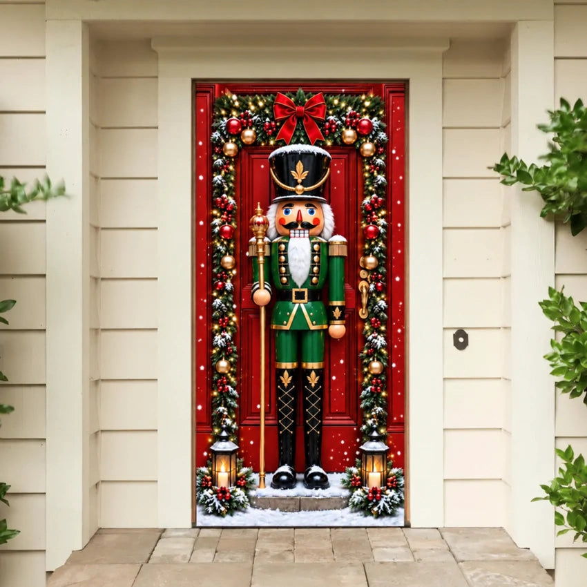 Nutcracker (Green) Christmas front door cover on a light-colored entrance.