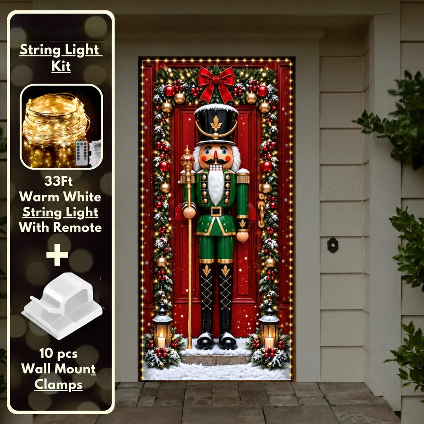 Nutcracker (Green) Christmas front door cover on a light-colored entrance with optional string light kit illustrated.