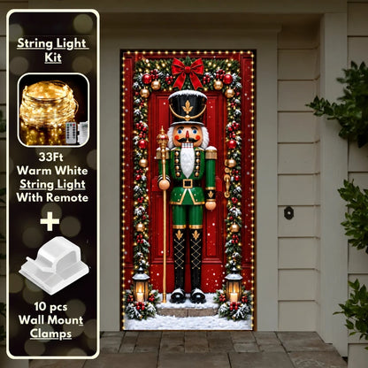 Nutcracker (Green) Christmas front door cover on a light-colored entrance with optional string light kit illustrated.