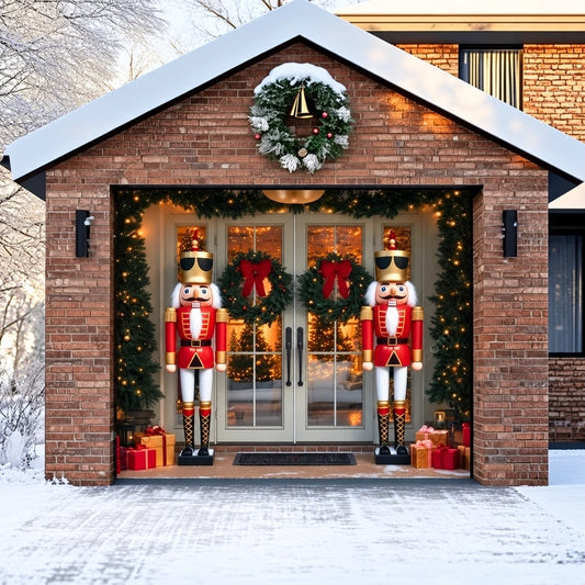 NutCracker Guards Christmas garage door cover showing nutcracker soldiers beside a decorated entrance, single-door view.