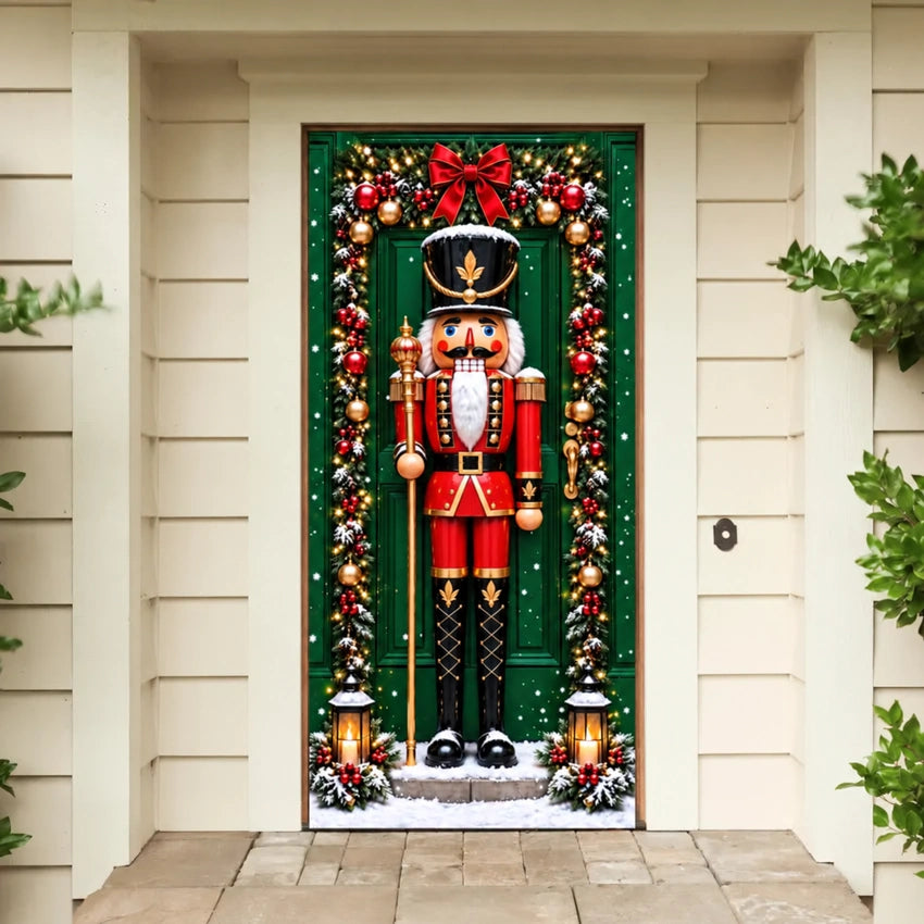 Nutcracker (Red) Christmas front door cover on a light-colored entrance.
