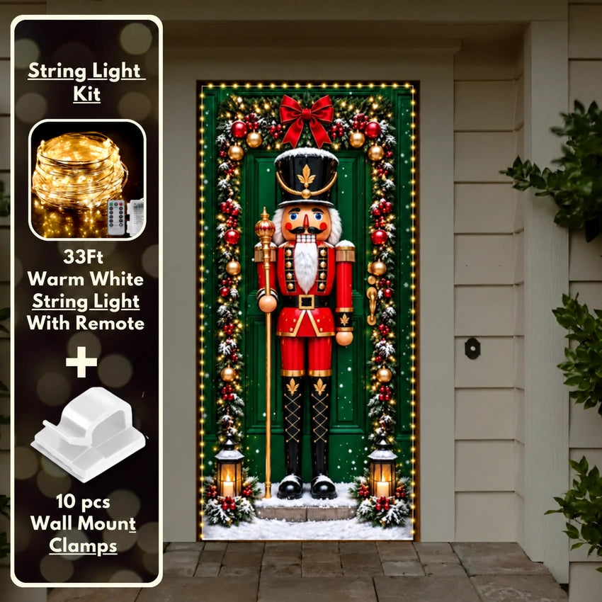 Nutcracker (Red) Christmas front door cover on a light-colored entrance with optional string light kit illustrated.