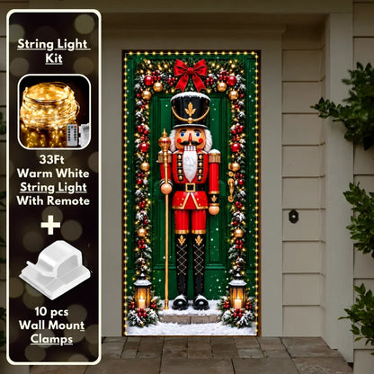 Nutcracker (Red) Christmas front door cover on a light-colored entrance with optional string light kit illustrated.