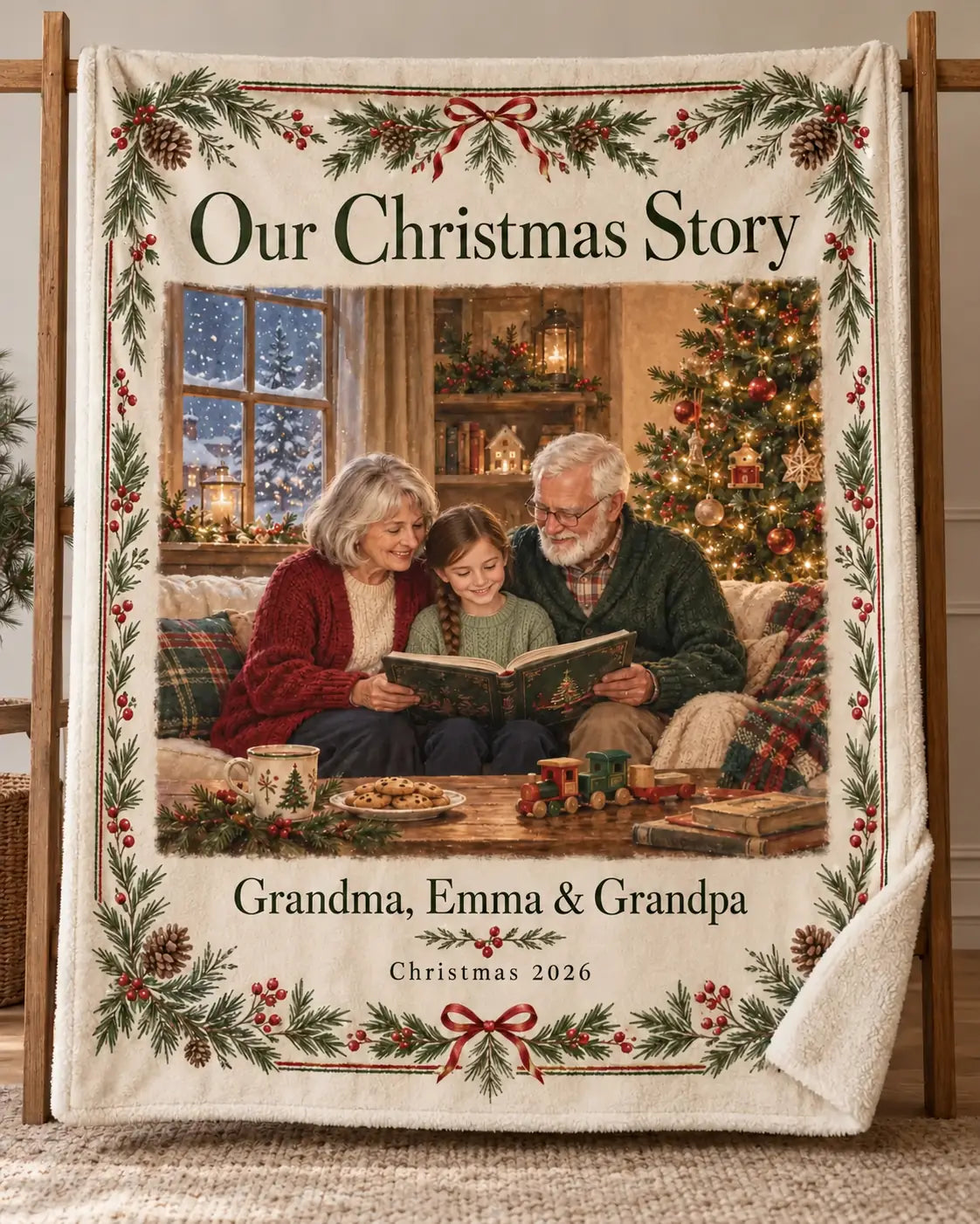 Illustrative design preview. Full-view Our Christmas Story sherpa blanket on a stand, with the sample family picture of Grandma, Emma and Grandpa and Christmas 2026.