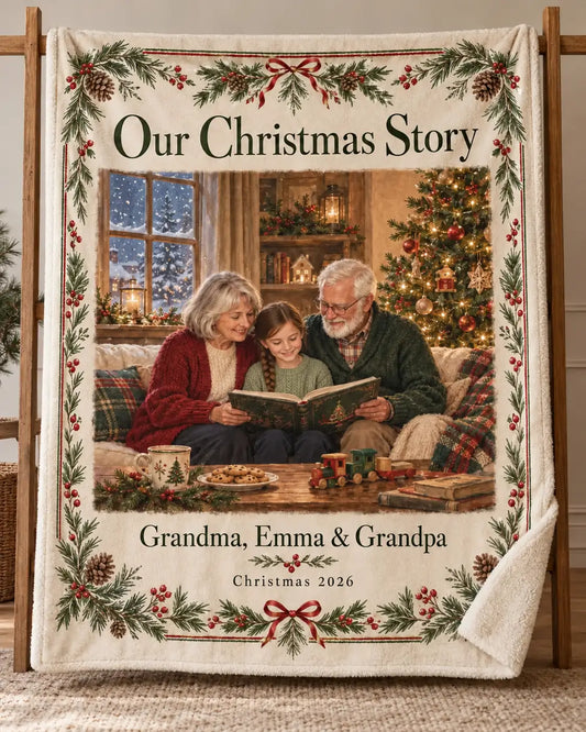 Illustrative design preview. Full-view Our Christmas Story sherpa blanket on a stand, with the sample family picture of Grandma, Emma and Grandpa and Christmas 2026.