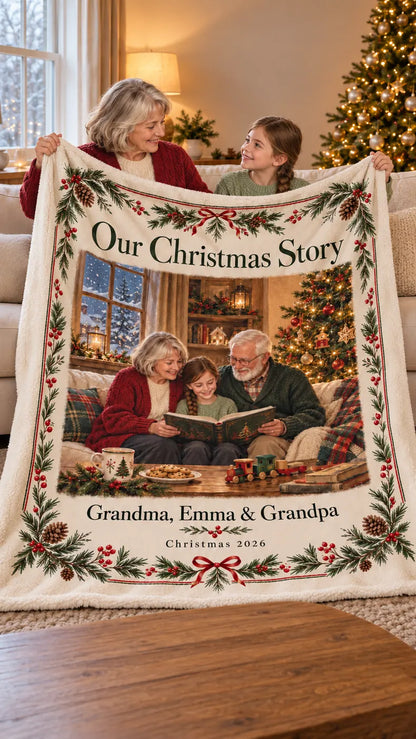 Illustrative design preview. Grandma and a fictional granddaughter Emma holding the Our Christmas Story sherpa blanket, with the matching Emma sample family print and Christmas 2026.