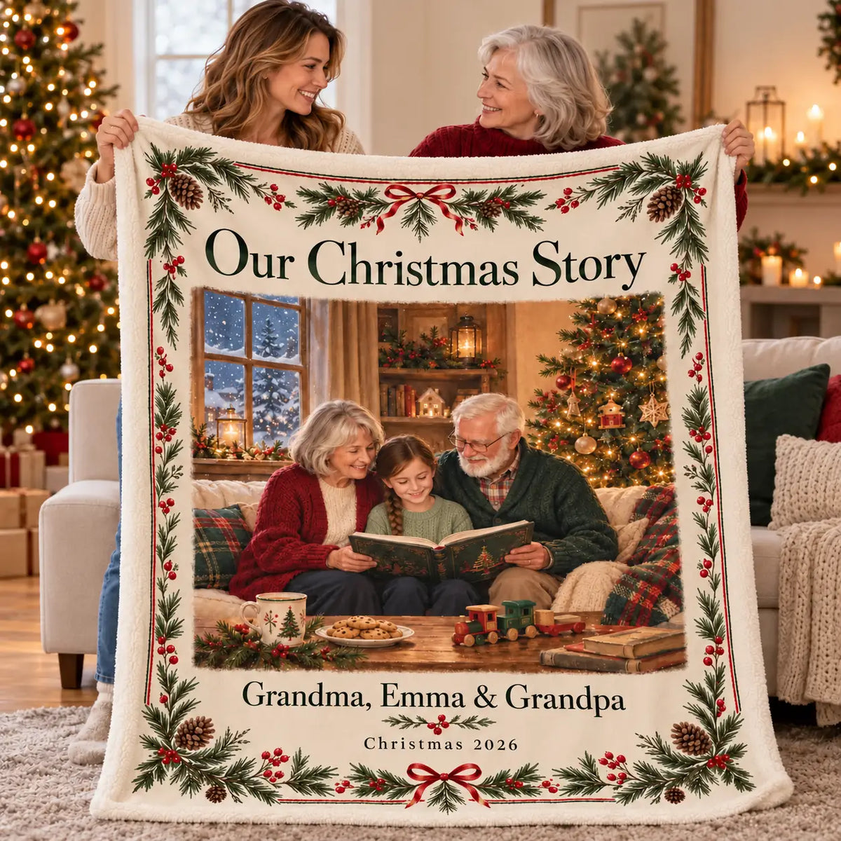 Illustrative design preview. Adult gift-giving scene with two women holding the Our Christmas Story blanket, personalized with the sample name Emma and Christmas 2026.
